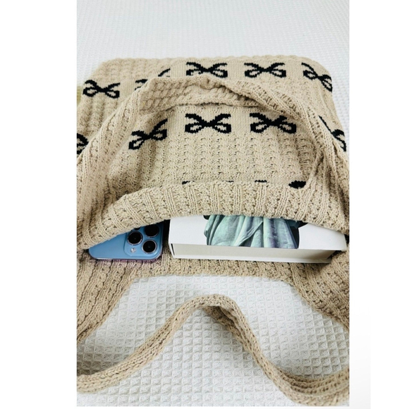 Zenana Coquette Bow Knit Tote Bag Crochet Ribbon Shoulder Bag - Picture 2 of 4